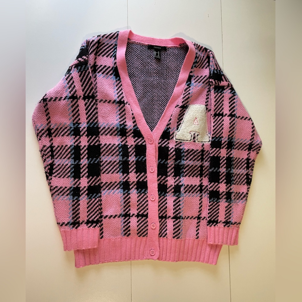Forever 21 pink plaid varsity cardigan